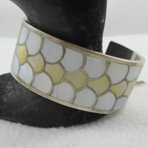 Wide Zuni Sabin M Chavez Sterling Silver Abalone Mother of Pearl Scale Cuff Bracelet- As it is