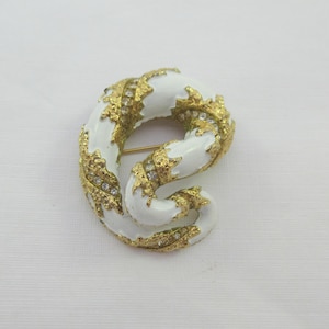 Signed Jomaz Gold Tone White Enamel Rhinestone Abstract Brooch-As it is