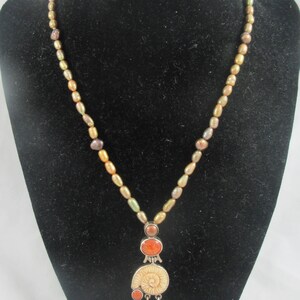 Janice Lee Ripley Camenae Sterling Silver Shell Amber Glass Pendant w. Cultured Pearl Necklace image 2