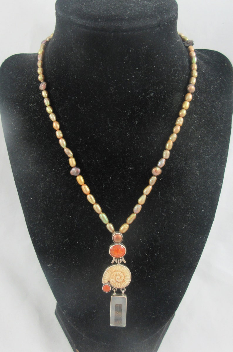 Janice Lee Ripley Camenae Sterling Silver Shell Amber Glass Pendant w. Cultured Pearl Necklace image 2