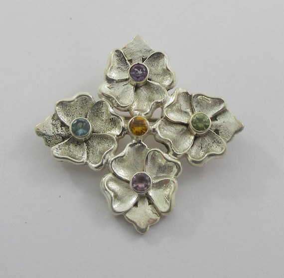 Sterling Silver Amethyst Glass Floral Brooch - image 1