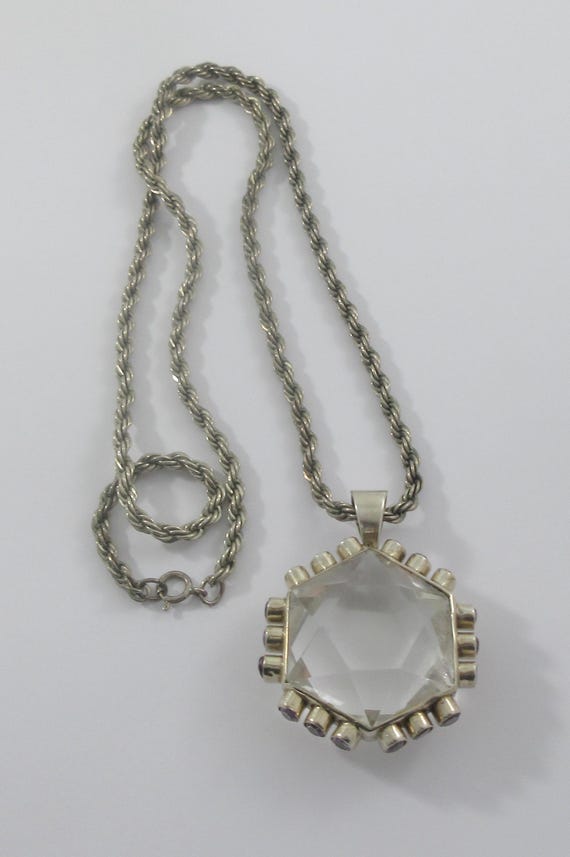 Large Sterling Silver Hexagonal White Quartz Amet… - image 5