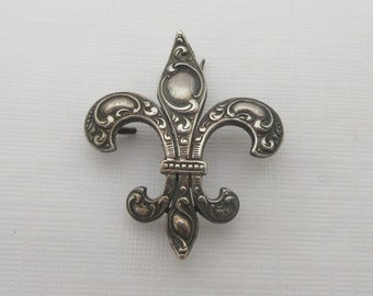 Antique LBA Sterling Silver Fleur de Lis Lapel Watch or Locket Holder Brooch- C clasp- As it is