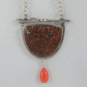 Artisan Made Sterling Silver Red Moss Agate Carnelian Dangle Pendant w. Sterling Silver Chain