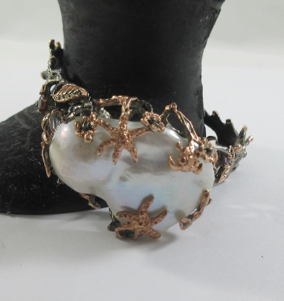 Statement Large Sterling Silver Baroque Pearls Mu… - image 1