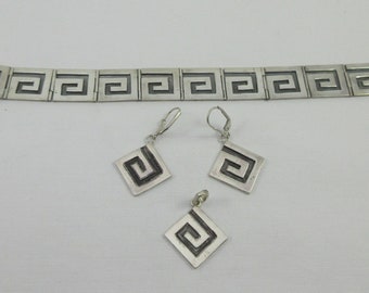 SET_ Early Mexico Sterling Silver Geometric Swirls Bracelet and Matching Dangle Earrings & Pendant