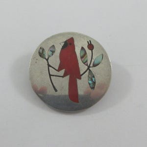 Zuni S.C. Edaakie Sterling Silver Turquoise Inlay Cardinal Bird Brooch or Pendant
