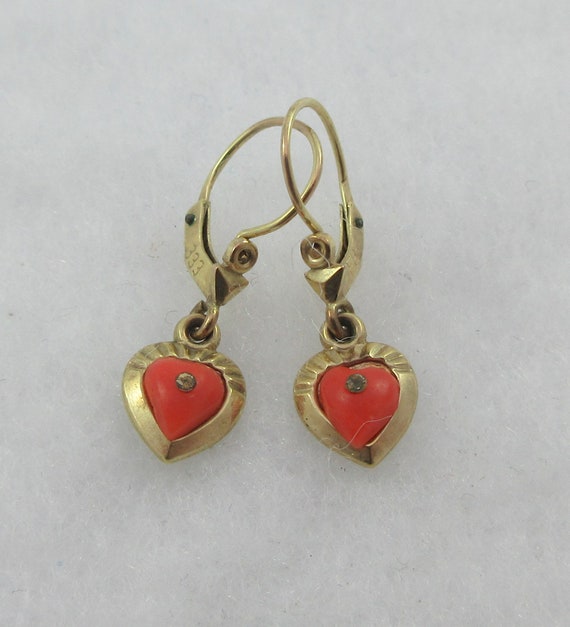 Antique 8k (333) Yellow Coral Heart Dangle Earrin… - image 1