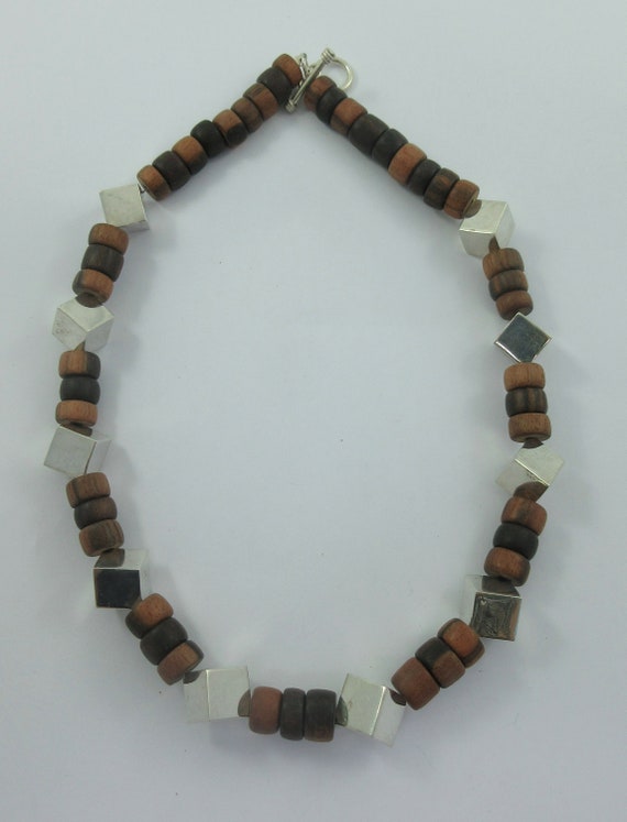 Modernist Wood Beads Sterling Silver Cubes Choker… - image 4