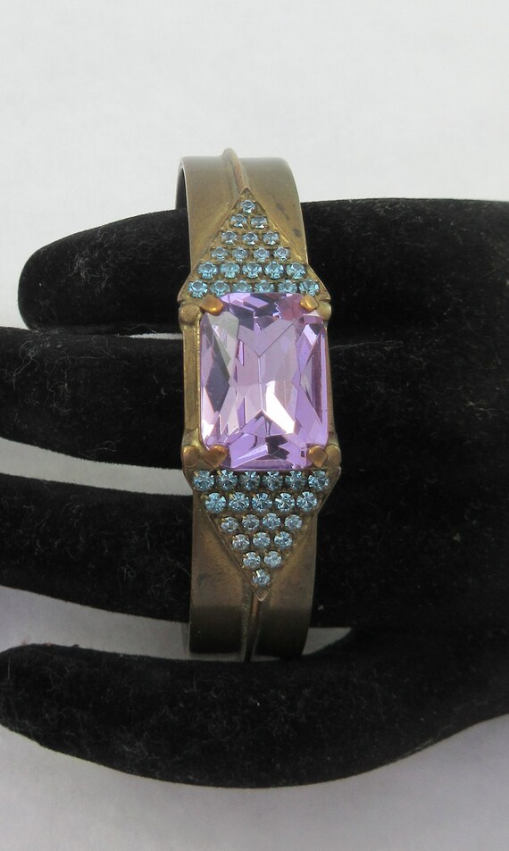 Signed Sorrelli Purple Glass Blue Rhinestone Cuff… - image 3