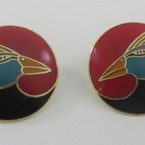 Signed Laurel Burch Gold Tone Bird Round Stud Earrings -&quot;Harlequin Bird&quot;