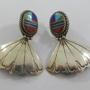 Southwestern Sterling Silver Multi Stone Inlay Stud Fan Dangle Earrings