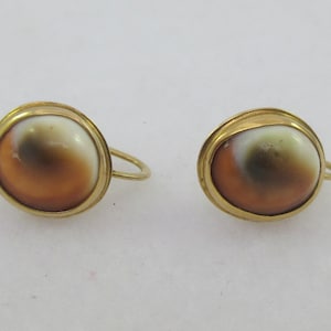 May include: A pair of gold earrings with a round, brown, white and black shell cameo.