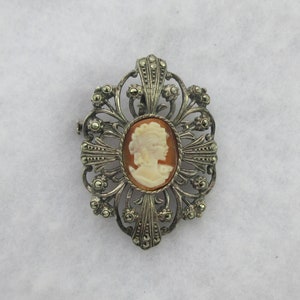 Sterling Silver Marcasite Shell Cameo Brooch or Pendant- Trombone Clasp