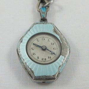Sterling Silver Blue Enameled Marcasite Nurse&#39;s Watch Pendant w. Blue Beads Chain- As it is