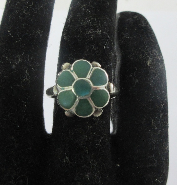 Native American Jewelry Rare Vintage Zuni Green Turquoise Flower Dishta Sterling Silver Ring Old Native American Jewelry Rare Vintage Zuni Green Turquoise Flower Dishta Sterling Silver Ring Old