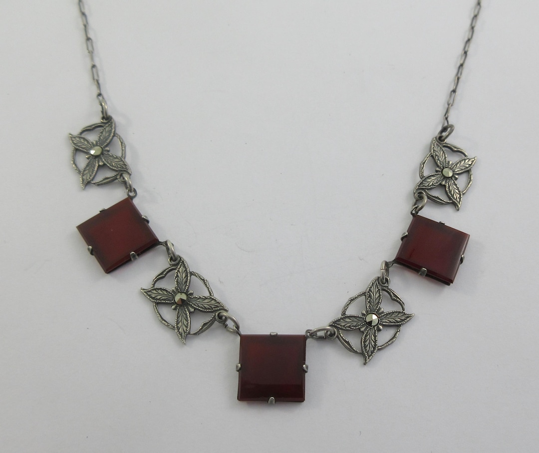 Art Deco Sterling Silver Carnelian Marcasite Pendant Necklace Choker ...