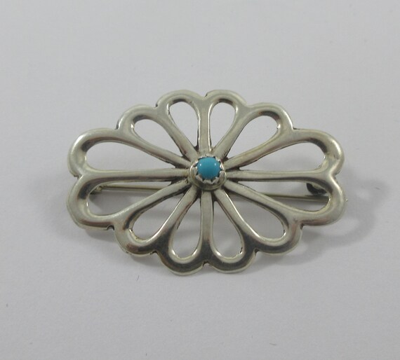 Native American Sterling Silver Turquoise Brooch - image 4