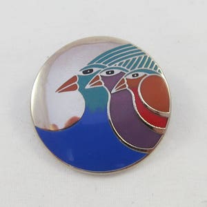 Signed Laurel Burch &quot;Celestial Birds&quot; Silver Tone Round Brooch Pin