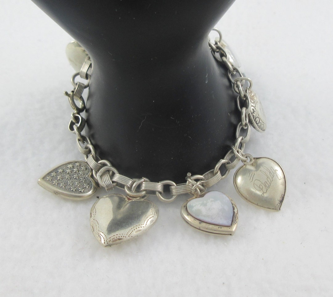 【希少】80sVintage Heart Onyx SilverBracelet 1940 Sterling Silver Seven Puffy Floral Enamel Locket Heart 8