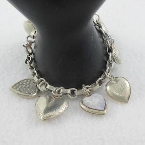 1940 Sterling Silver Seven Puffy Floral Enamel Locket Heart 8 Charms Bracelet- Small Wrist- As it is