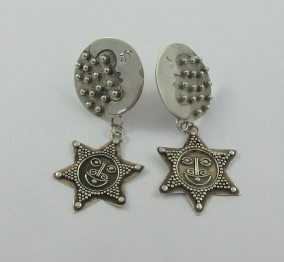 Sterling Silver Moon Star Stud Dangle Earrings - image 1