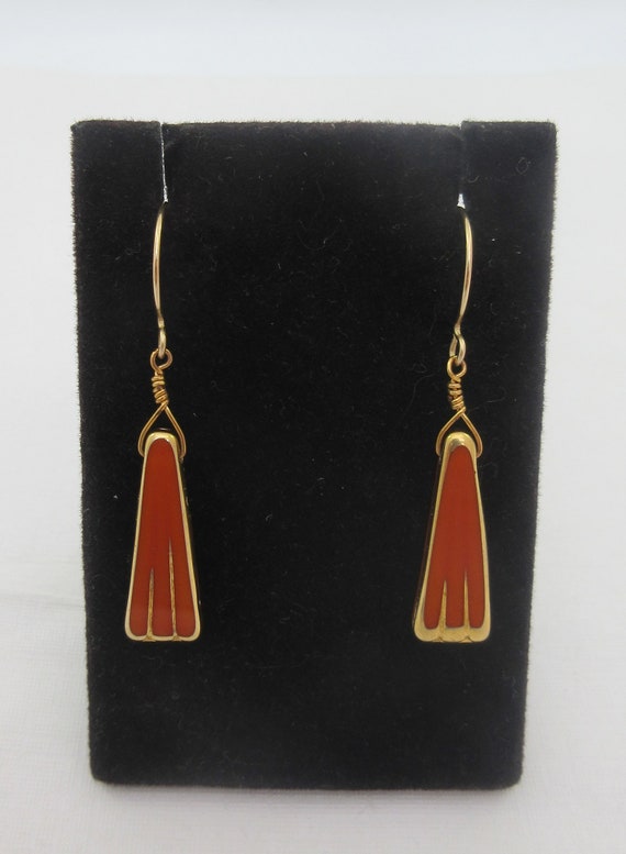 Long 10k Yellow Gold Red Glass Dangle Earrings - image 5