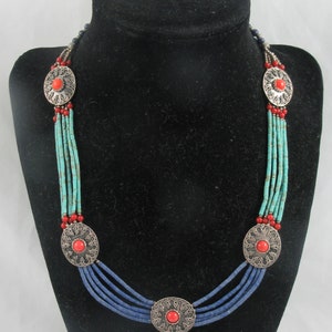 Multi Strand Ethnic Style Sterling Silver Blue Porcelain Necklace