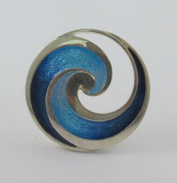 Sterling Silver Blue Enamel Swirl Open Brooch - image 3