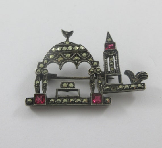 Sterling Silver Marcasite Red Glass Mosque Brooch - image 3
