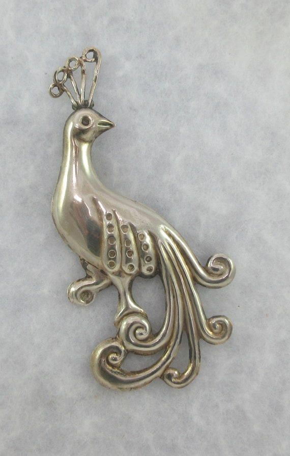 Large Sterling Silver Repousse Peacock Brooch - image 5