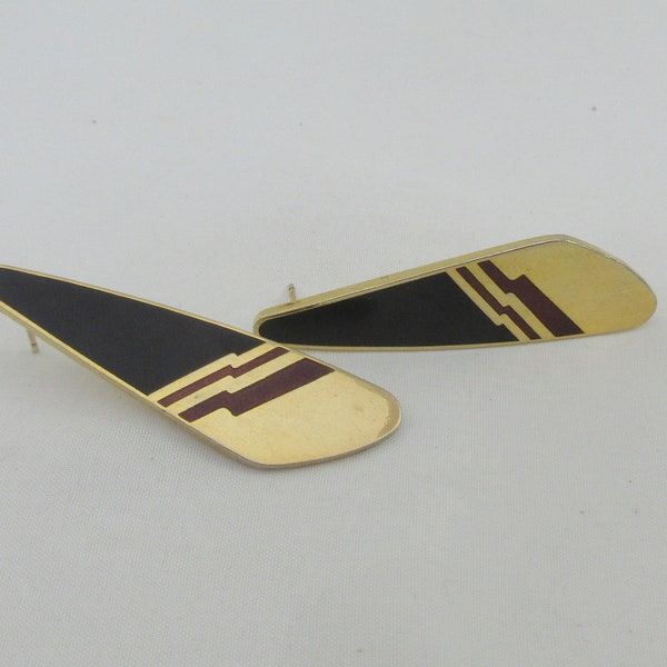 Signed Laurel Burch Long Geometric Enamel Gold Tone Stud Earrings