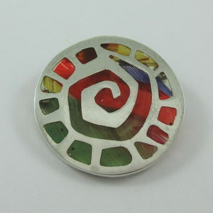Rafael Dominguez Taxco Modernist Sterling Silver Round Pluma Azteca Colorful Brooch or Pendant