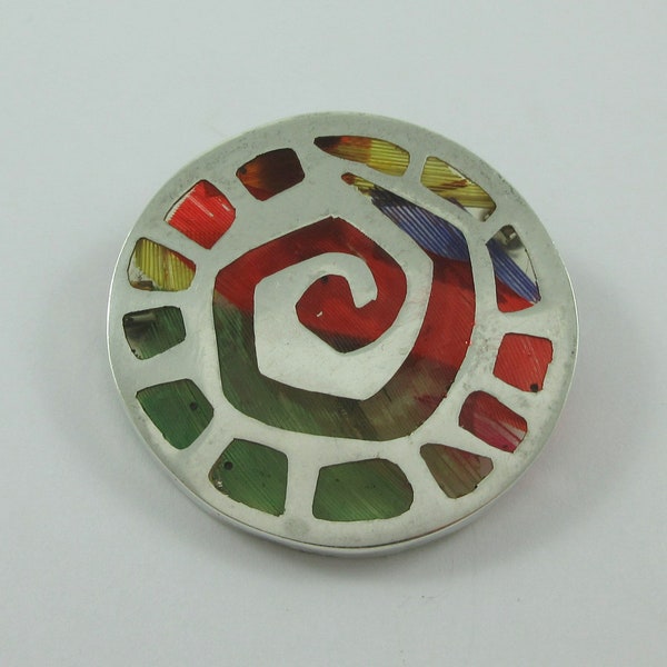 Rafael Dominguez Taxco Modernist Sterling Silver Round Geometric Colorful Brooch or Pendant