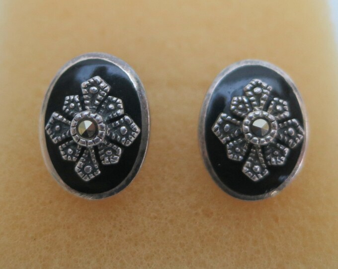 Art Deco Style Silver Steling Marcasite & Onyx Stud Earrings Etsy