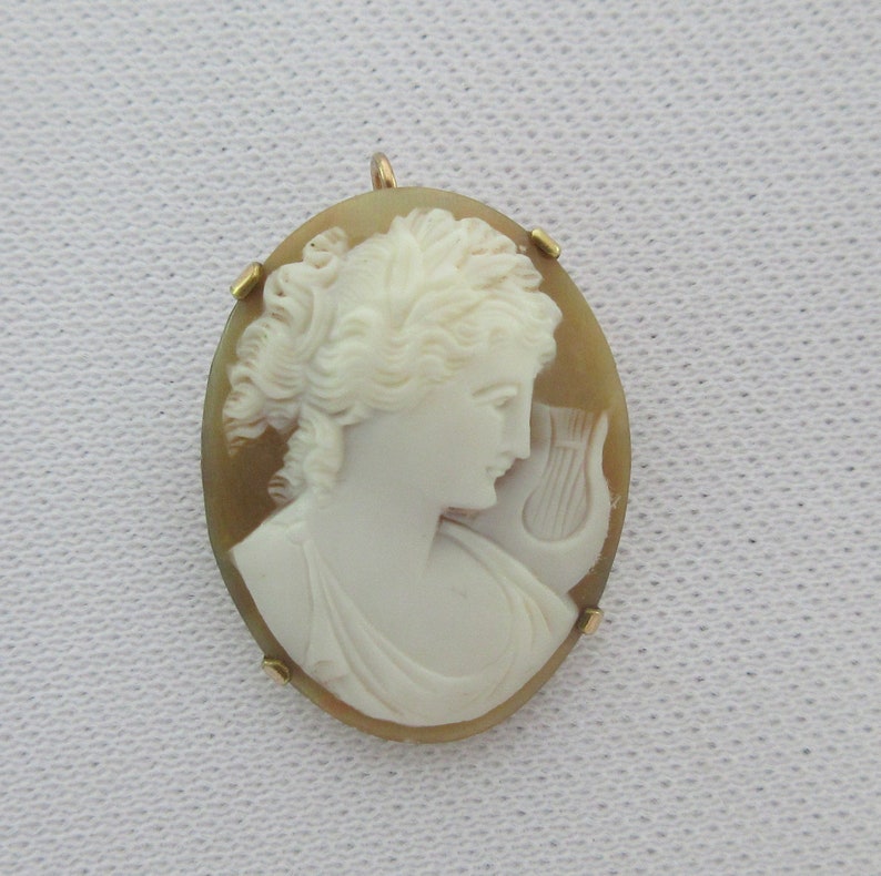 Antique 9k Gold Muse with Lyre Cameo Pendant or Brooch