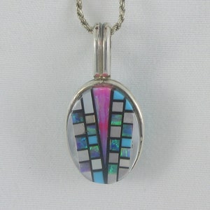 Zuni Sterling Silver Inlay Oval Double Sided Pendant w. Sterling Chain