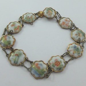 Antique Japanese Satsuma Brass Tone Floral Porcelain Medallions Bracelet- As it is