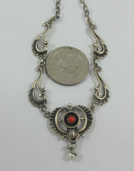 Antique Art Nouveau Sterling Silver Coral Pearl D… - image 2