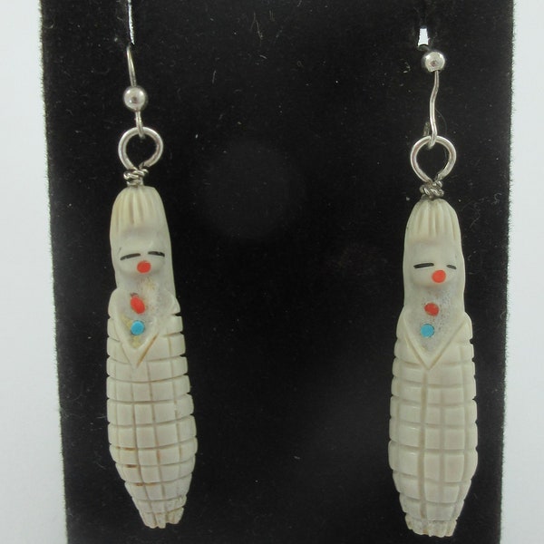 Zuni Claudia Peina Sterling Silver Antler Turquoise Coral Maiden Corn Sterling Silver Earrings