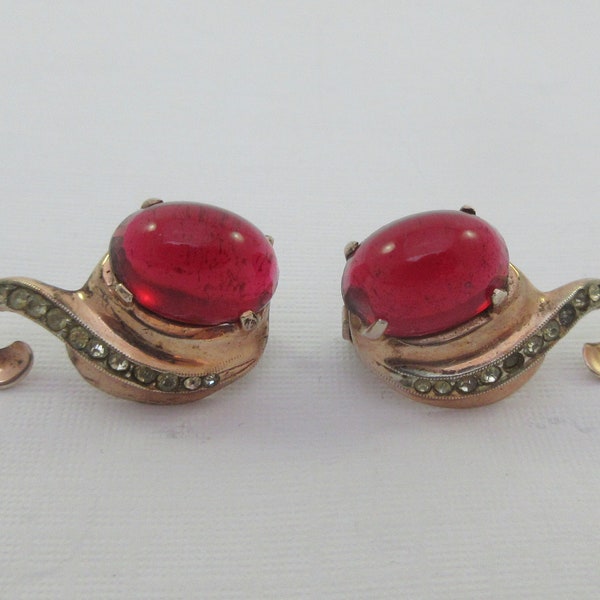 Pat 1967965 Gold over Sterling Silver Red Cabochon White Rhinestone Clip On Earrings