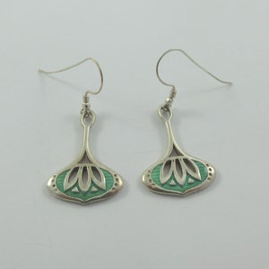 Art Deco Style Sterling Silver Green Enameled Dangle Earrings