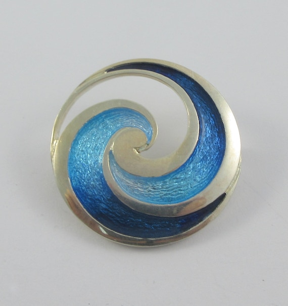 Sterling Silver Blue Enamel Swirl Open Brooch - image 1