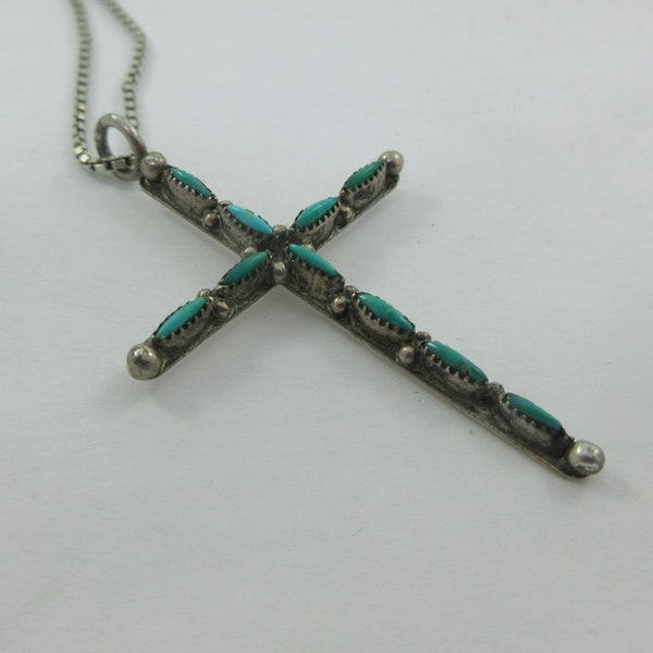 Native American Sterling Silver Petit Point Turquoise Cross w. Sterling Chain