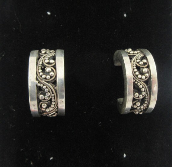 Signed Lois Hill Sterling Silver Ornate Hoop Studs - image 3