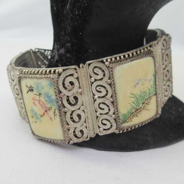 Asian Silver Tone Filigree Scrimshaw Ox Bone Birds Bracelet-As it is