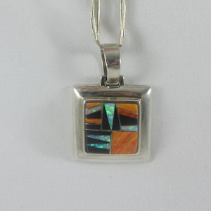Southwestern Sterling Silver Multi Stone Inlay Geometric Pendant w. Sterling Liquid Multi Strand Chain