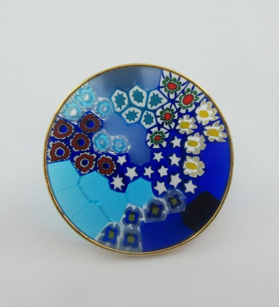 Gold Tone Round Blue Star Floral Millefiori Brooch