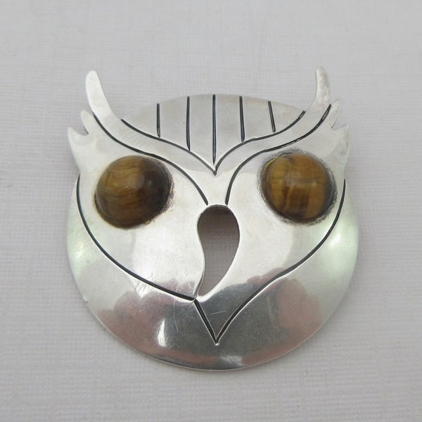 Miguel Garcia Martinez Sterling Silver Tiger Eyes Owl Brooch