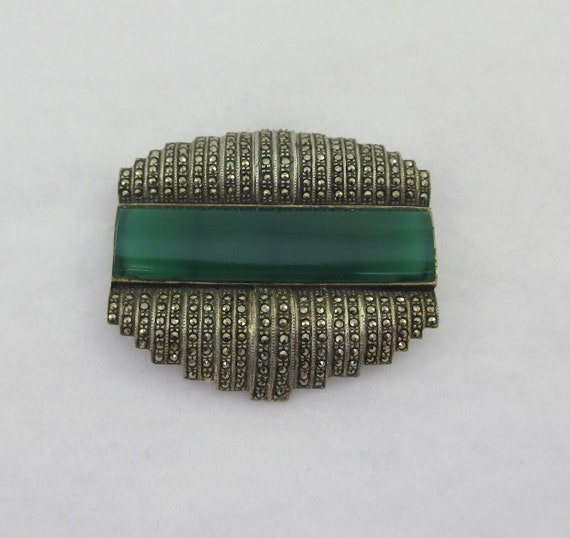 Large Art Deco Sterling Silver Chrysoprase Marcas… - image 4